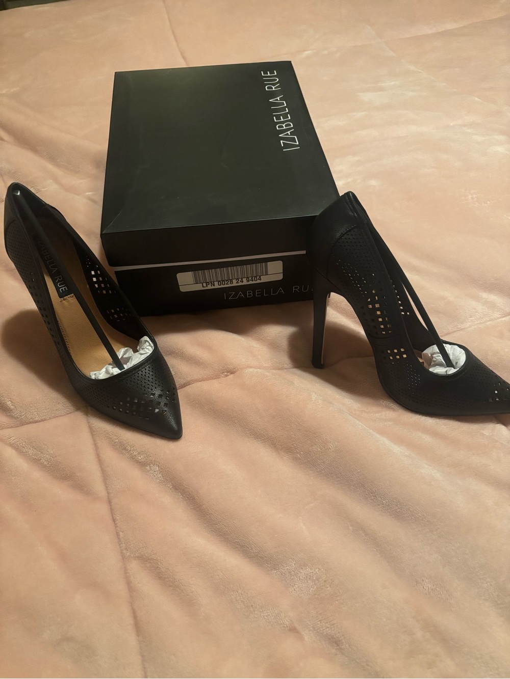 Izabella Rue Black Laser-Cut Pointed-Toe Stiletto Pumps